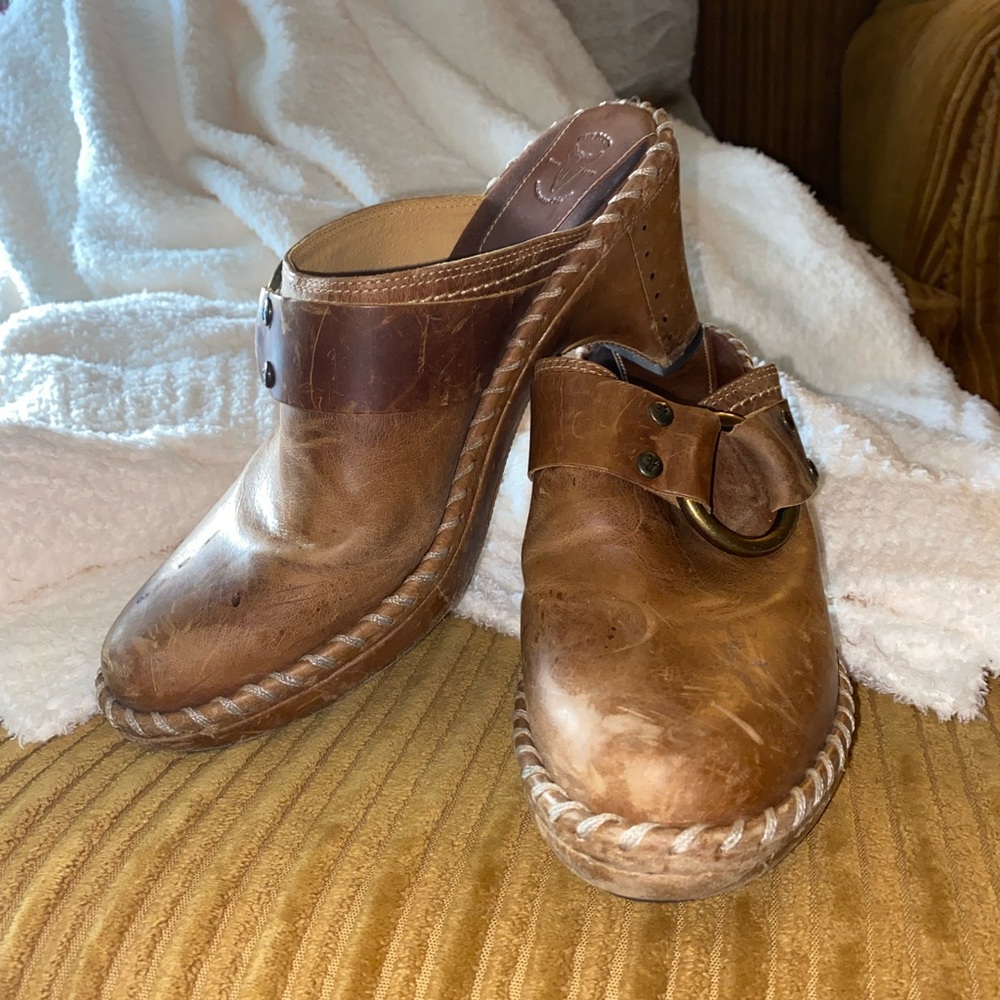 Distressed leather Frye clogs